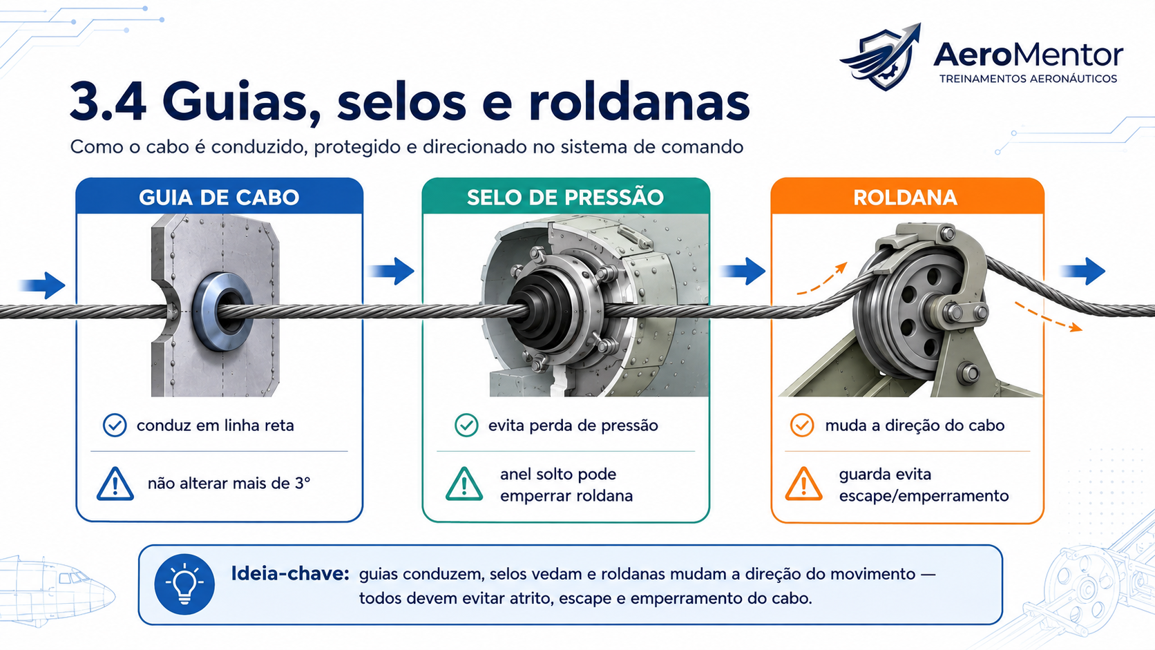 Guias de cabo, selos de pressão e roldanas