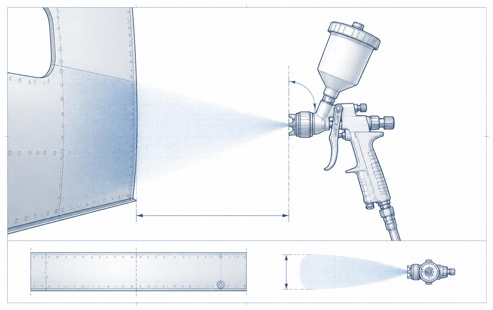 Pistola de pintura a 90° e distância correta da superfície