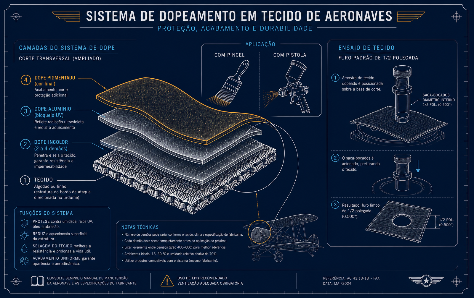 Sistema de camadas de dope sobre tecido e ensaio com punção de teste de meia polegada